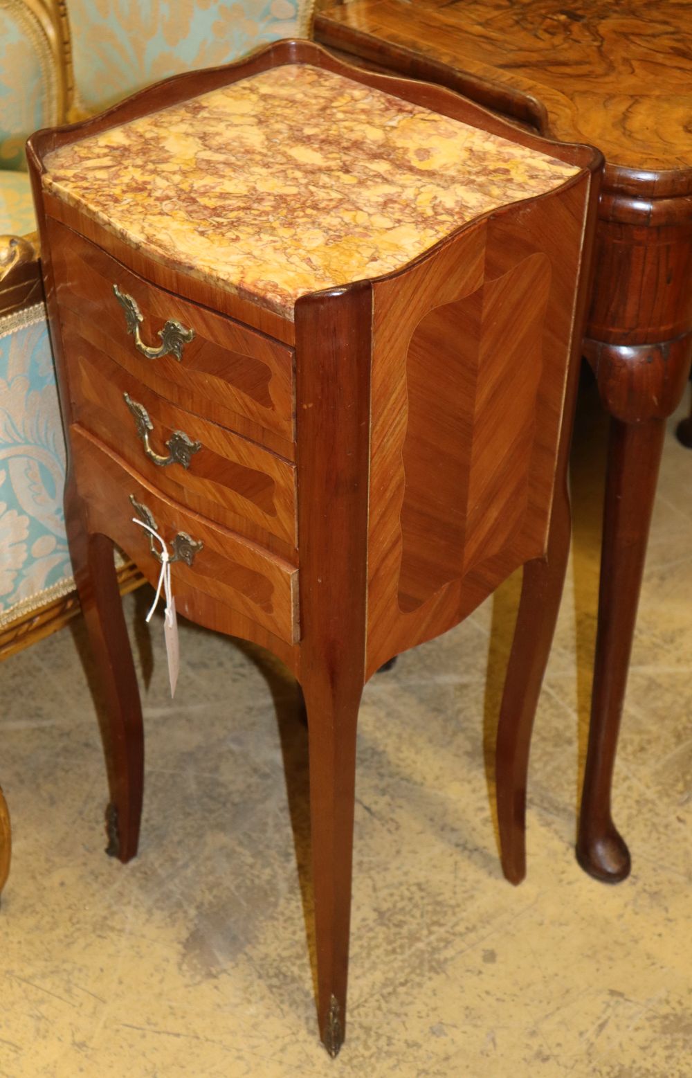 A pair of Louis XVI style marble top serpentine bedside chests, W.30cm, D.28cm, H.75cm